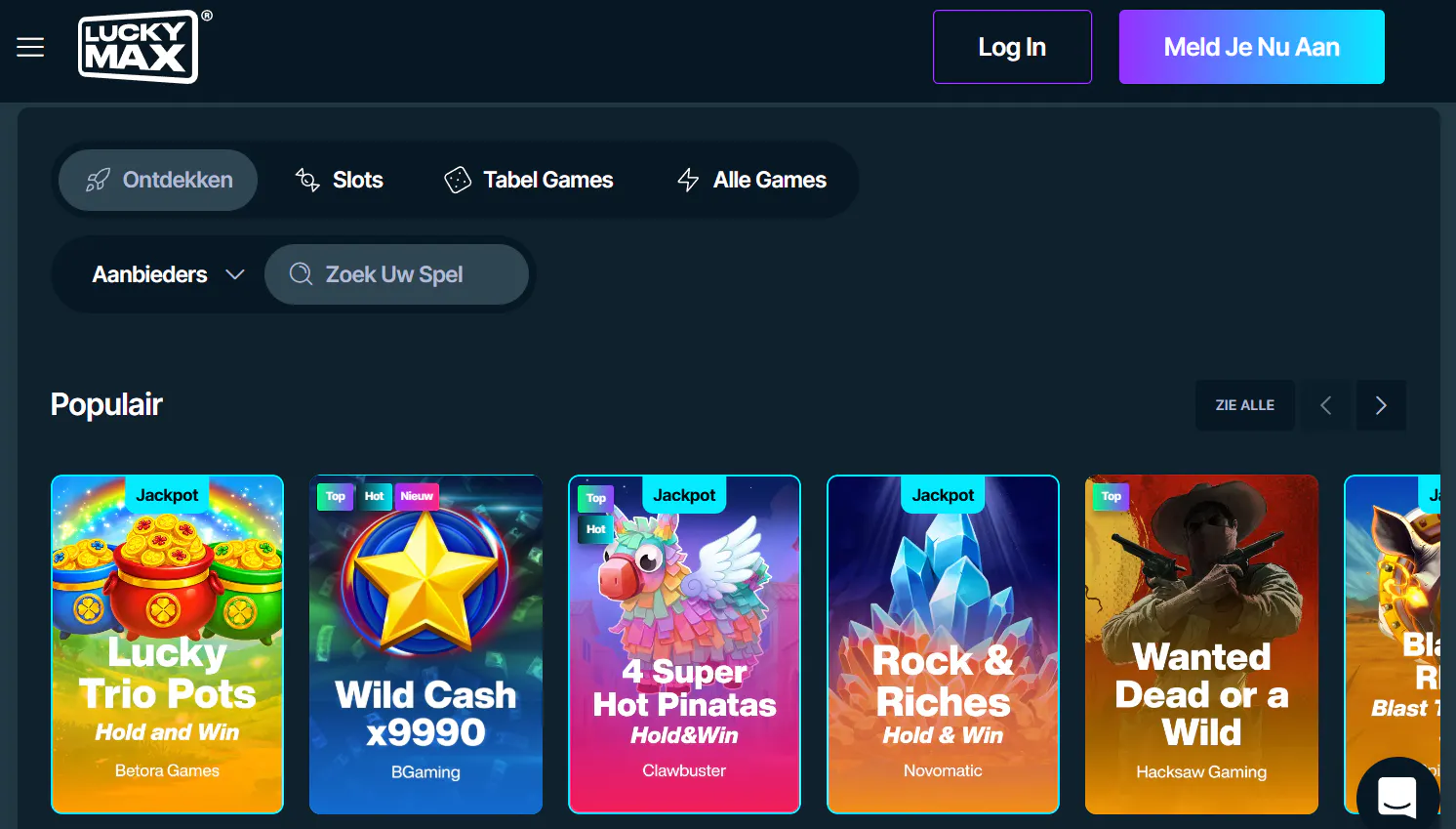 Echte screenshot van de officiële Lucky Max-startpagina met spelcategorieën en interface