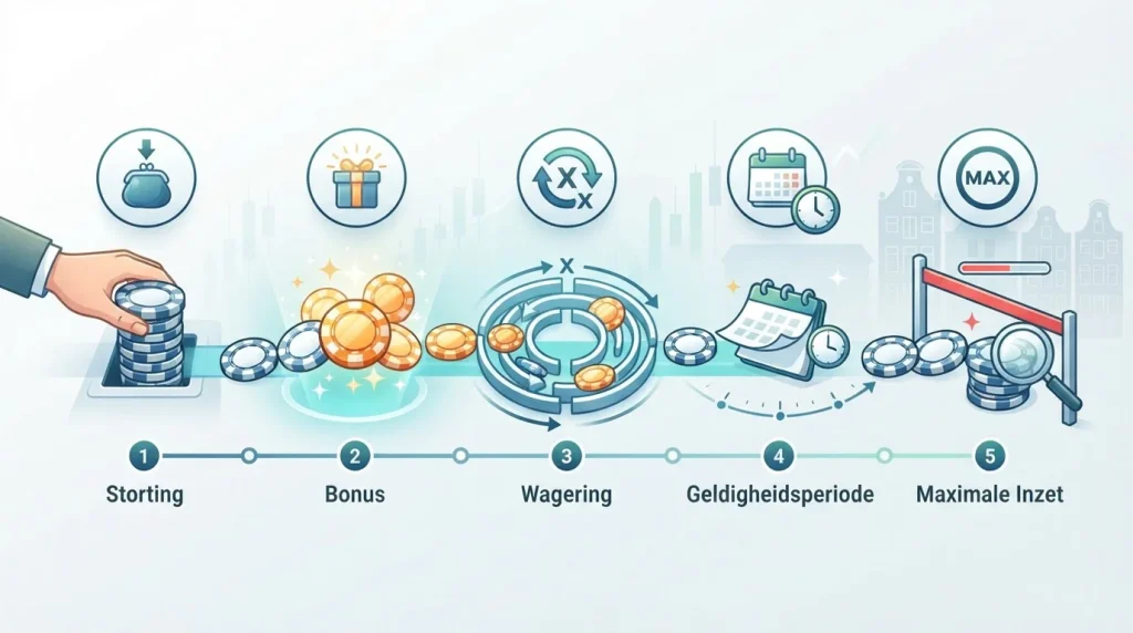 Illustratie van de Lucky Max bonusvoorwaarden met stappen voor storting, bonus, omzetvereiste, geldigheid en maximale inzet