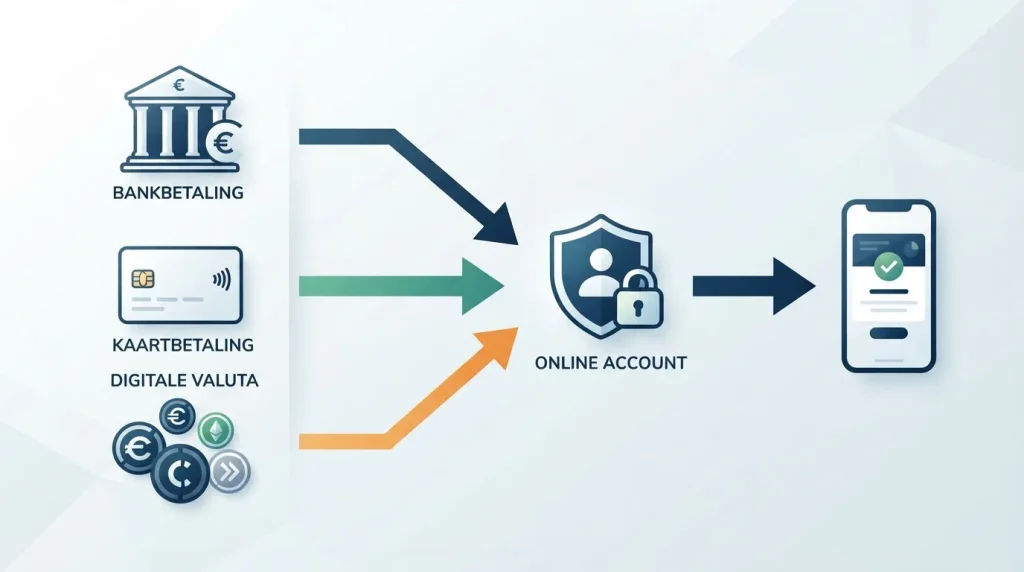 Illustratie van de Lucky Max betaalproces met euro, bank, kaart en digitale betaalroutes zonder merklogo