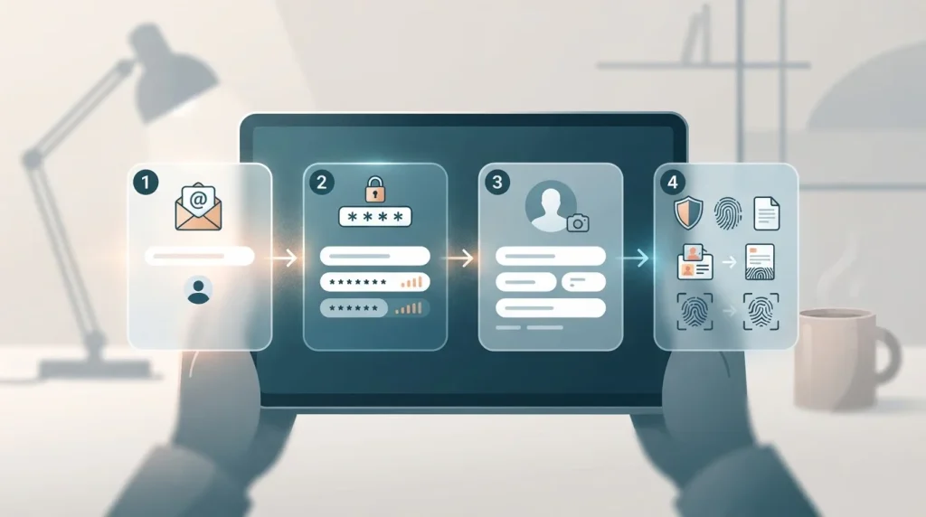 Illustratie van een registratieproces met e-mail, wachtwoord, profiel en verificatiestappen