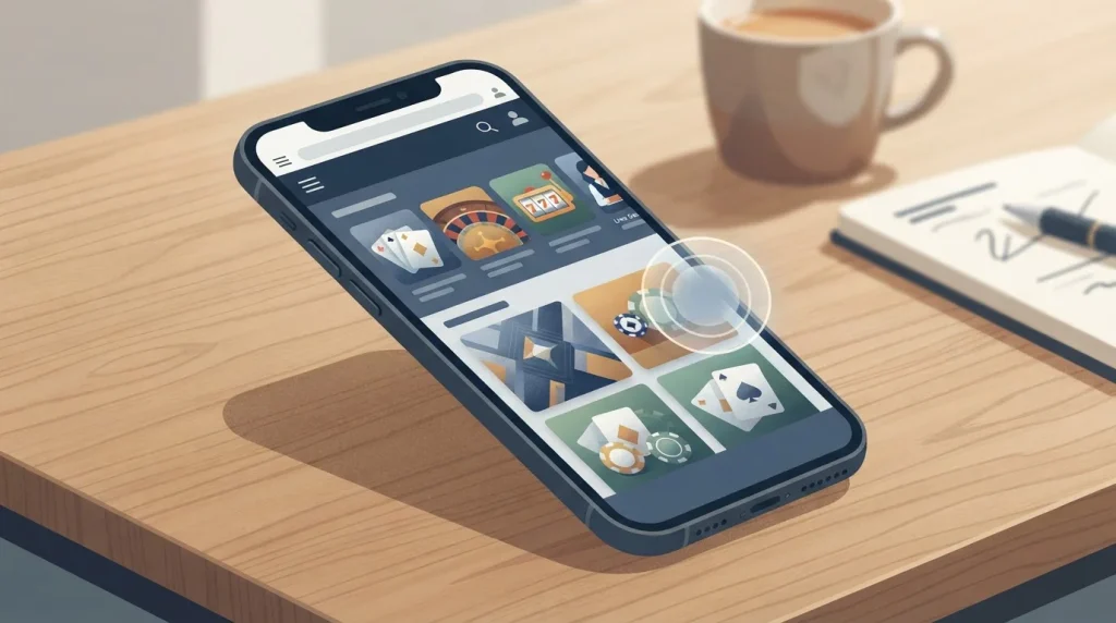 Illustratie van een smartphone met een generieke casino-interface in een mobiele browser