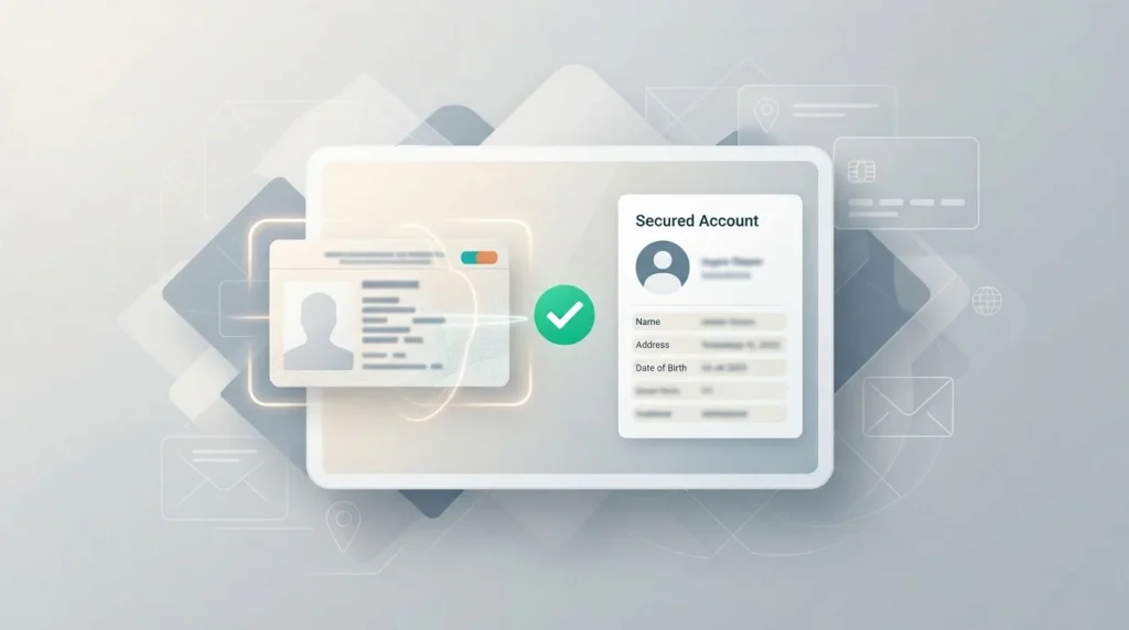 Illustratie van identiteitscontrole met een generiek identiteitsdocument, een beveiligd account en een vinkje