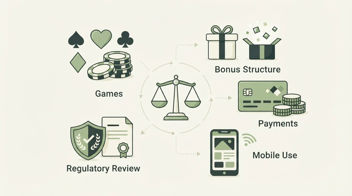 Infografische illustratie van vijf beoordelingspunten voor Lucky Max: spellen, bonus, betalen, mobiel en vergunning