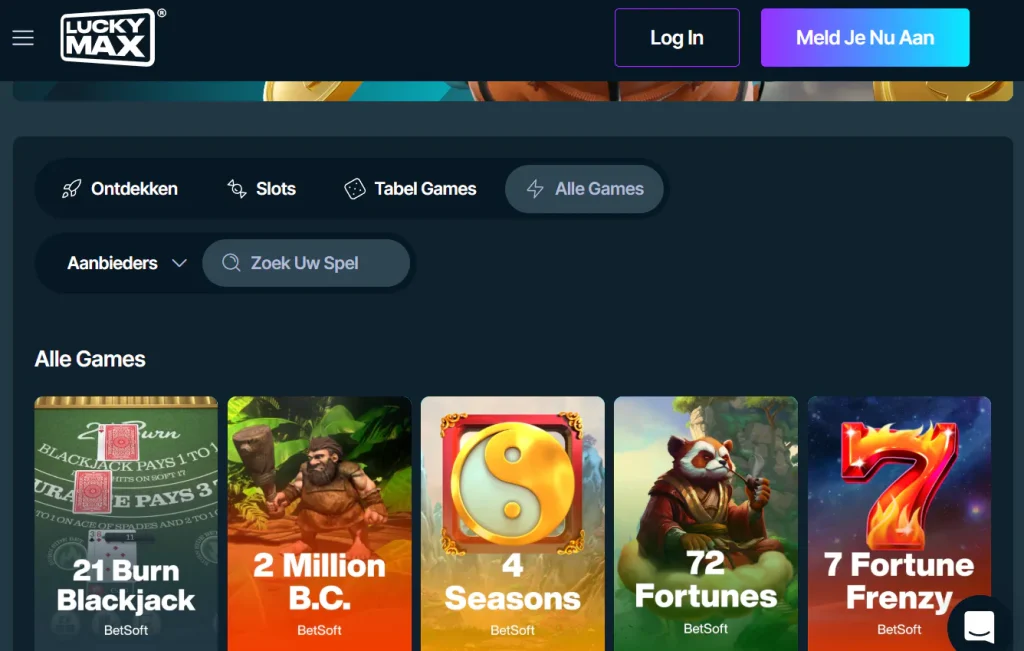 Lucky Max gamecatalogus met categorieën en providerfilter