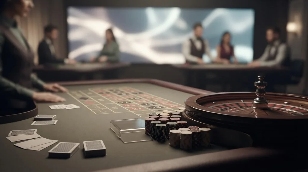 Neutrale illustratie van een live casinotafel met kaarten en videoscherm
