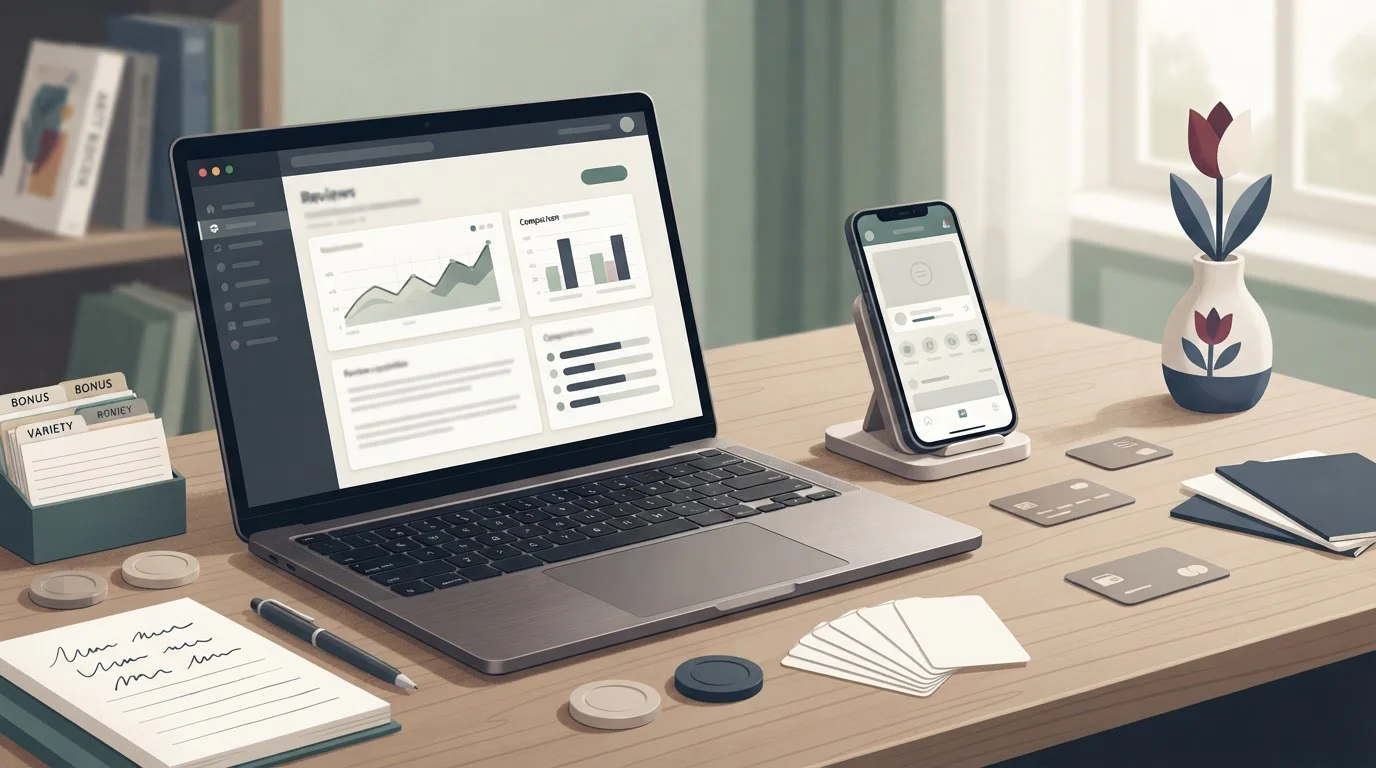 Redactionele illustratie van een casinovergelijking op laptop en mobiele telefoon in Nederlandse context