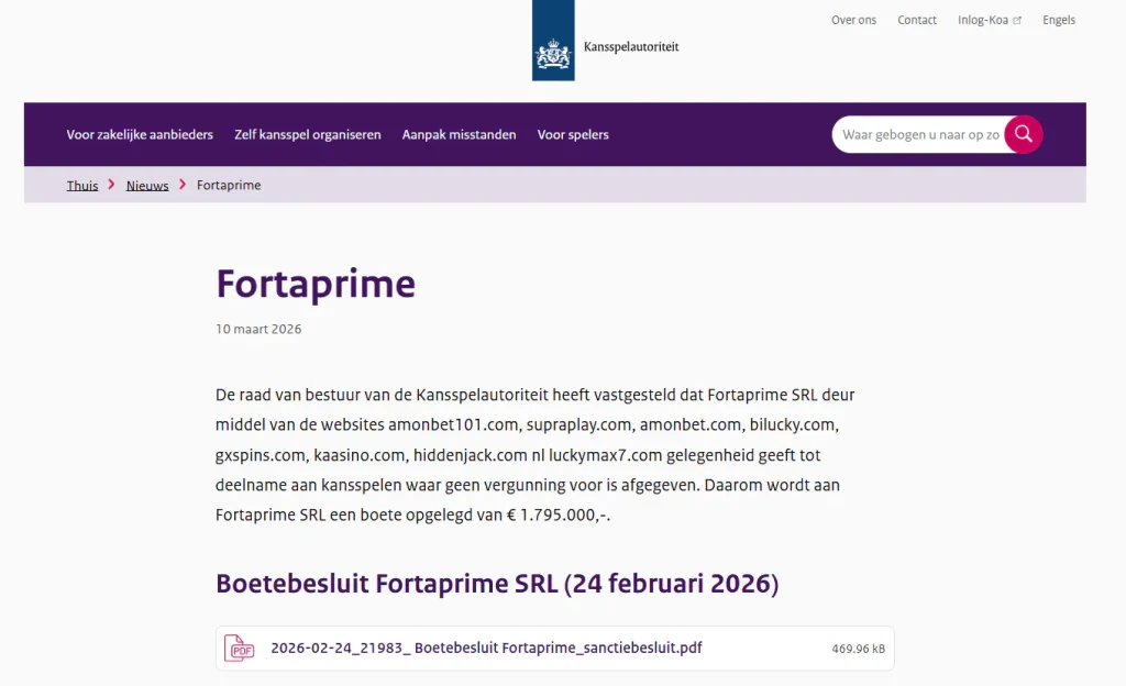 Screenshot van de officiële Kansspelautoriteit-pagina over Fortaprime met luckymax7.com en de boete